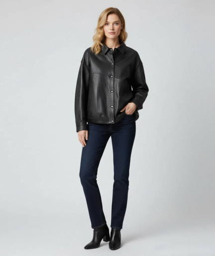 Classic Black Lambskin Leather Jacket with Snaps & Chest Pocket