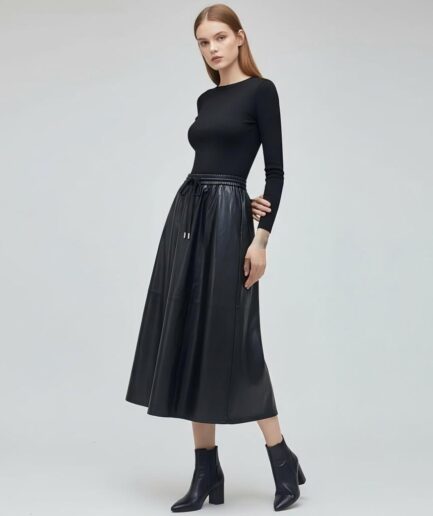 Long Black Lambskin Leather Skirt - Maxi/Midi Skirt with Elastic Waist & Drawstring