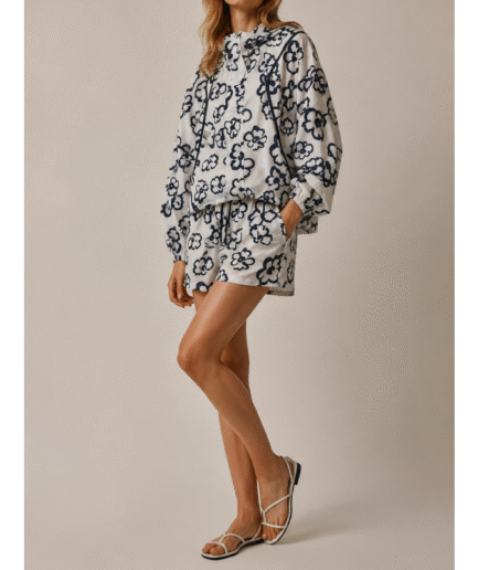 UPF 50+ Lightweight Hooded Zip-Up Jacket + Elastic Waist Shorts Set – White Base with Black Floral Print