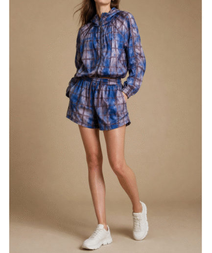 UV Shield Zip-Up Hoodie + Elastic Waist Shorts Set – Purple & Blue Plaid Mix